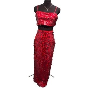 House of Harlow Women’s Fire Red Sequin Two Piece Set Crop Top Midi Skirt Sz M